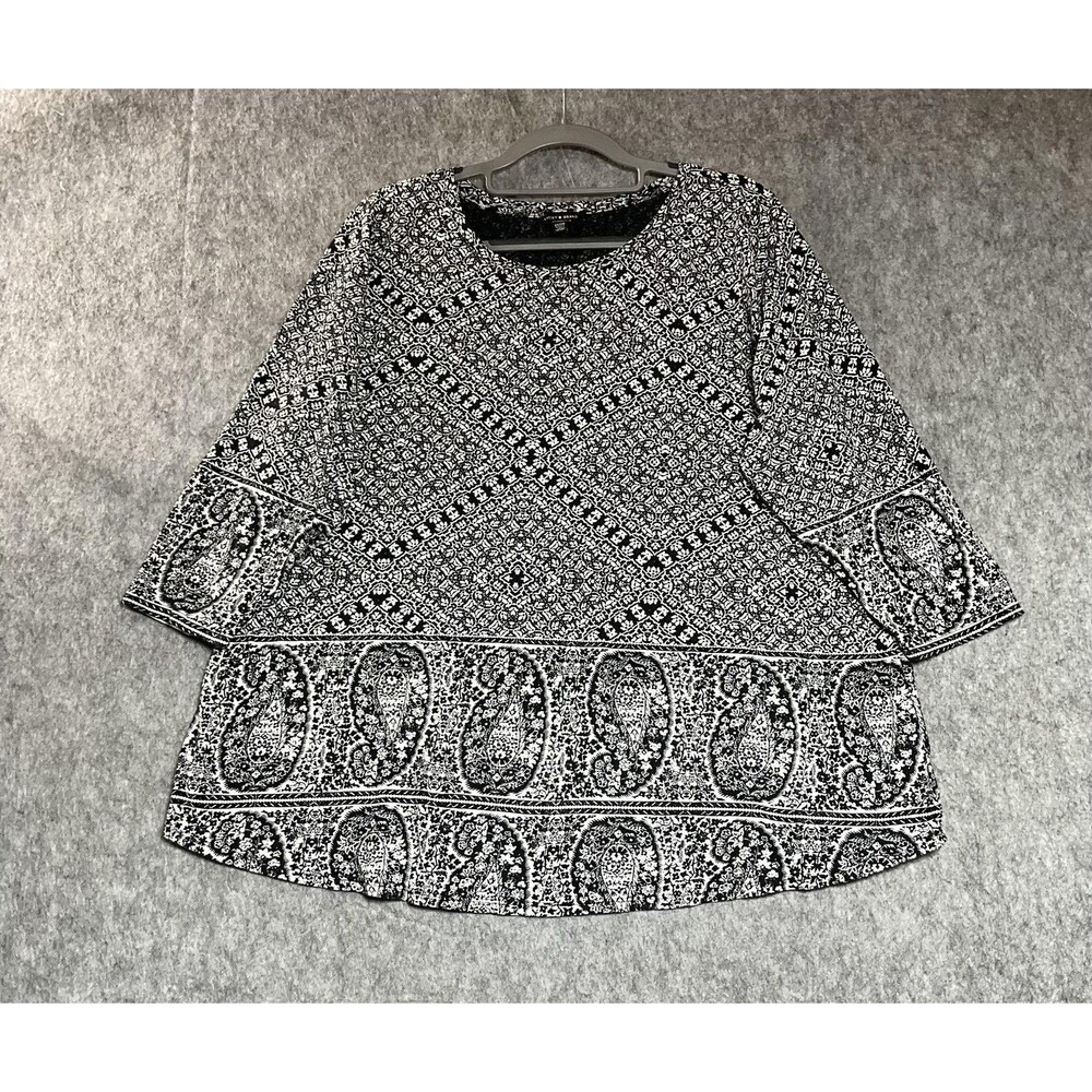 Lucky Brand Top Shirt Womens Plus 2X Black Geometric 3/4 Sleeve Relaxed Boho